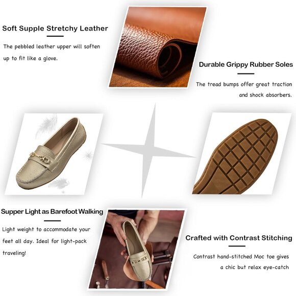 Kordal Women's Gold Leather Gold Accent Buckle Slip-Ons Walking Flats Loafers - Picture 3 of 9